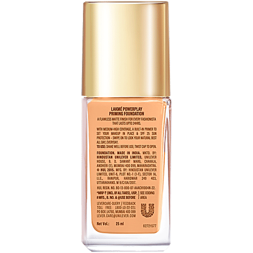 Lakme 9to5 Powerplay Priming Foundation Built in Primer Long-Lasting SPF 20 Warm Light, 25 ml W110 Warm Light 