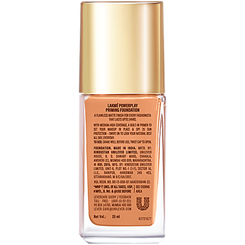 Lakme 9to5 Powerplay Priming Foundation Built in Primer Long-Lasting SPF 20 Warm Wood, 25 ml W230 Warm Wood 