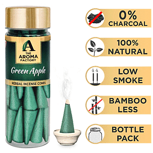 The Aroma Factory Herbal Incense/Dhoop Cones - Green Apple, 0% Charcoal, Aromatic, 30 pcs Bottle