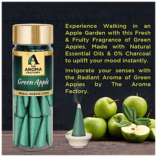 The Aroma Factory Herbal Incense/Dhoop Cones - Green Apple, 0% Charcoal, Aromatic, 30 pcs Bottle