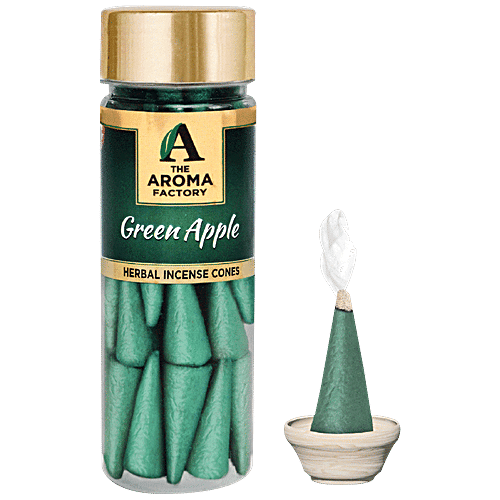 The Aroma Factory Herbal Incense/Dhoop Cones - Green Apple, 0% Charcoal, Aromatic, 30 pcs Bottle