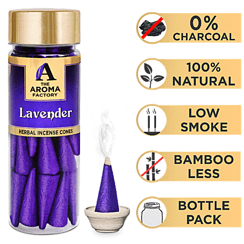 The Aroma Factory Herbal Incense/Dhoop Cones - Lavender, 0% Charcoal, Aromatic, 30 pcs Bottle