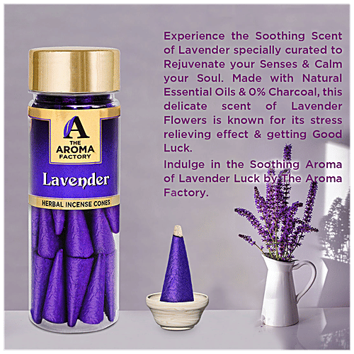 The Aroma Factory Herbal Incense/Dhoop Cones - Lavender, 0% Charcoal, Aromatic, 30 pcs Bottle