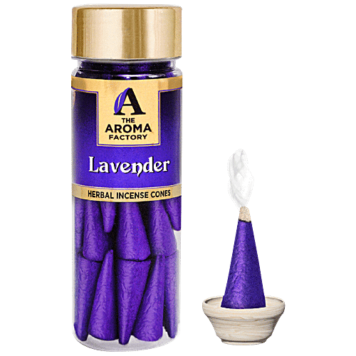 The Aroma Factory Herbal Incense/Dhoop Cones - Lavender, 0% Charcoal, Aromatic, 30 pcs Bottle