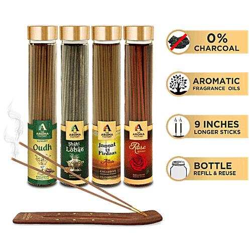 The Aroma Factory Incense Sticks/Agarbatti - With Jute Bag & Stand, Oudh, Loban, Attar Jannat, Rose, 100 g (Pack of 4) 