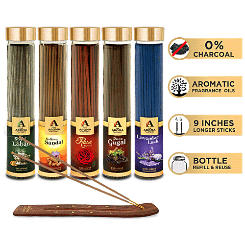 The Aroma Factory Incense Sticks/Agarbatti - With Jute Bag & Stand, Chandan, Rose, Gugal, Loban, Lavender, 100 g (Pack of 5) 