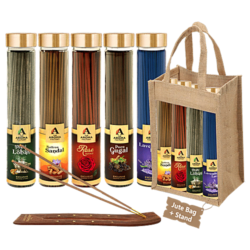 The Aroma Factory Incense Sticks/Agarbatti - With Jute Bag & Stand, Chandan, Rose, Gugal, Loban, Lavender, 100 g (Pack of 5) 