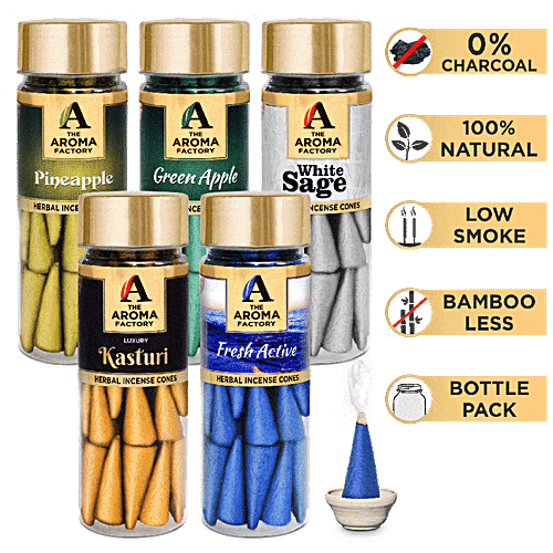 The Aroma Factory Herbal Incense/Dhoop Cones - Green Apple, Pineapple, Fresh Active, White Sage & Kasturi, 30 pcs (Pack of 5) 
