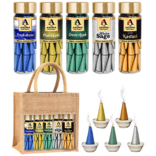 The Aroma Factory Herbal Incense/Dhoop Cones - Green Apple, Pineapple, Fresh Active, White Sage & Kasturi, 30 pcs (Pack of 5) 