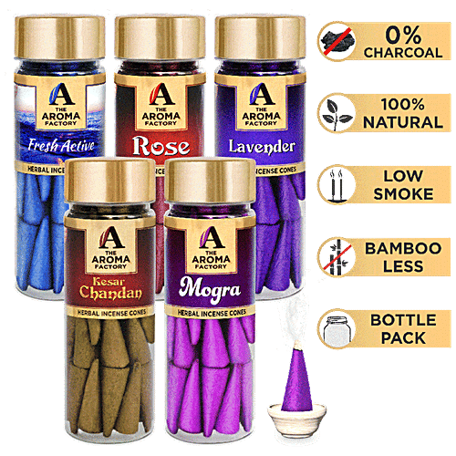 The Aroma Factory Herbal Incense/Dhoop Cones - Rose, Lavender, Mogra, Kesar Chandan & Fresh Active, 30 pcs (Pack of 5) 