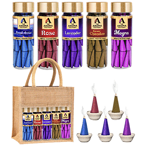 The Aroma Factory Herbal Incense/Dhoop Cones - Rose, Lavender, Mogra, Kesar Chandan & Fresh Active, 30 pcs (Pack of 5) 