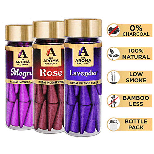 The Aroma Factory Herbal Incense/Dhoop Cones - 0% Charcoal, Rose, Mogra & Lavender, 30 pcs (Pack of 3)