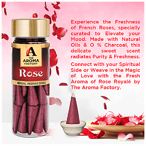 The Aroma Factory Herbal Incense/Dhoop Cones - 0% Charcoal, Rose, Mogra & Lavender, 30 pcs (Pack of 3)