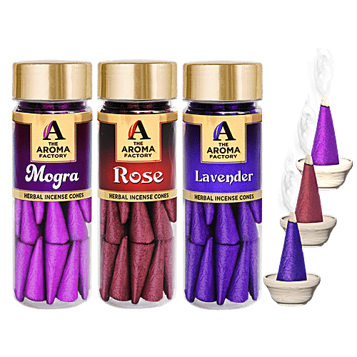 The Aroma Factory Herbal Incense/Dhoop Cones - 0% Charcoal, Rose, Mogra & Lavender, 30 pcs (Pack of 3)