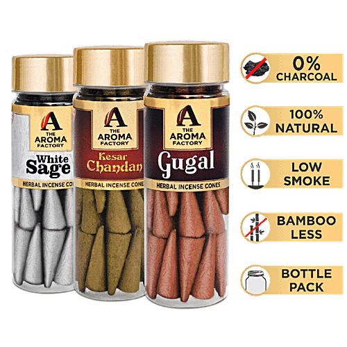 The Aroma Factory Herbal Incense/Dhoop Cones - 0% Charcoal, Gugal, White Sage & Kesar Chandan, 30 pcs (Pack of 3) 