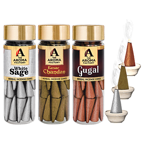 The Aroma Factory Herbal Incense/Dhoop Cones - 0% Charcoal, Gugal, White Sage & Kesar Chandan, 30 pcs (Pack of 3) 