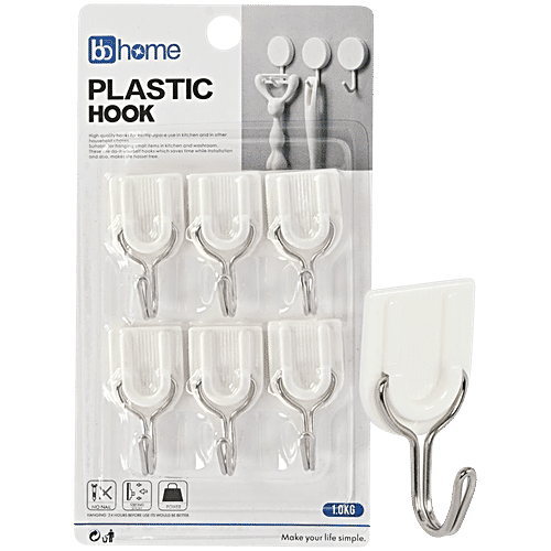 bb home Plastic & Stainless Steel Classic Adhesive Hook Set - Strong Grip, Max. Load 1.0 kg, Small, 6 pcs  