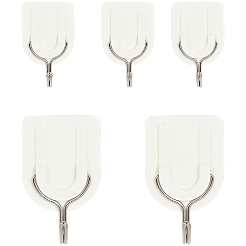bb home Plastic & Stainless Steel Classic Adhesive Hook Set - Strong Grip, Max. Load 2.0/1.0 kg, Medium & Small, 5 pcs  
