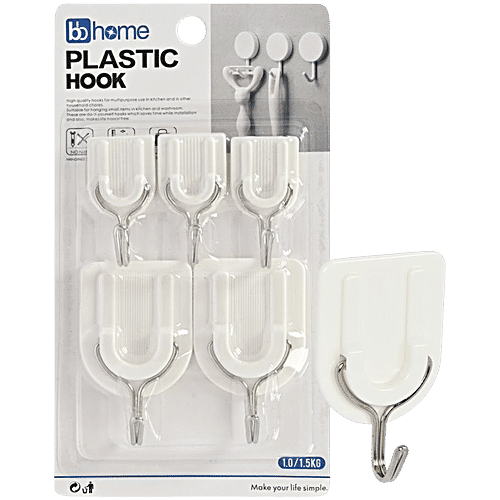 bb home Plastic & Stainless Steel Classic Adhesive Hook Set - Strong Grip, Max. Load 2.0/1.0 kg, Medium & Small, 5 pcs  
