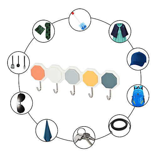 bb home Plastic & Stainless Steel Hexagon Adhesive Hook Set - Strong Grip, Max. Load 3.0 kg, 5 pcs  