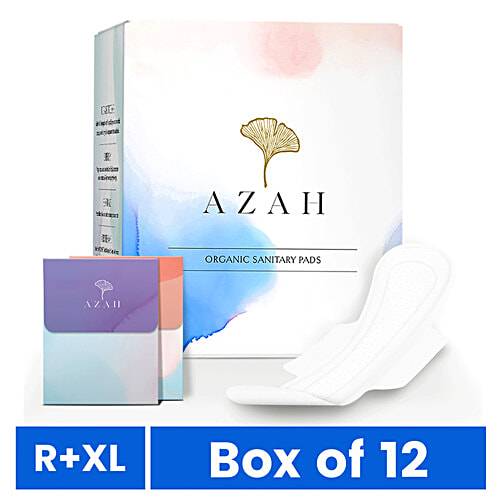 Azah Rash-Free Organic Sanitary Pads - With Disposable Bags, 12 pcs (8 Regular + 4 XL) Organic Cotton Pads, Made Safe Certified