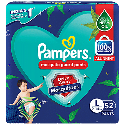 Pampers  Mosquito Guard Pants Baby Diapers - Large Size, 9-14 Kg, With Natural Neem Oil, First Time In India, 52 pcs  