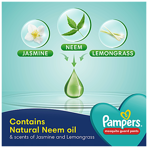 Pampers  Mosquito Guard Pants Baby Diapers - Large Size, 9-14 Kg, With Natural Neem Oil, First Time In India, 52 pcs  