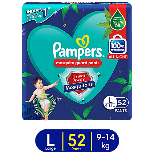 Pampers  Mosquito Guard Pants Baby Diapers - Large Size, 9-14 Kg, With Natural Neem Oil, First Time In India, 52 pcs  