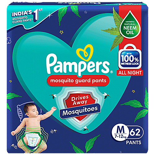 Pampers  Mosquito Guard Pants Baby Diapers - Medium Size, 7-12 Kg, With Natural Neem Oil, First Time In India, 62 pcs  