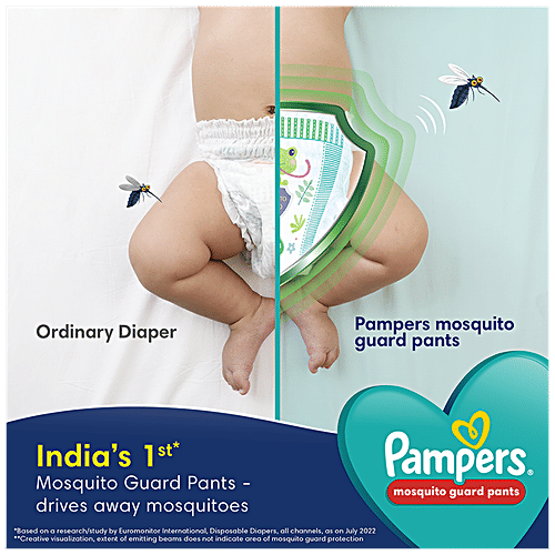 Pampers  Mosquito Guard Pants Baby Diapers - Medium Size, 7-12 Kg, With Natural Neem Oil, First Time In India, 62 pcs  