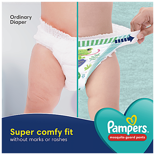 Pampers  Mosquito Guard Pants Baby Diapers - Medium Size, 7-12 Kg, With Natural Neem Oil, First Time In India, 62 pcs  