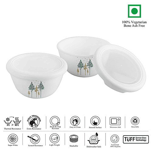 Cello Mixing Bowl Set - With Premium Lid, Opalware, Royal Pine, White, Lightweight, 500 ml (Set of 2) 