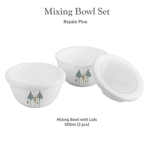 Cello Mixing Bowl Set - With Premium Lid, Opalware, Royal Pine, White, Lightweight, 500 ml (Set of 2) 