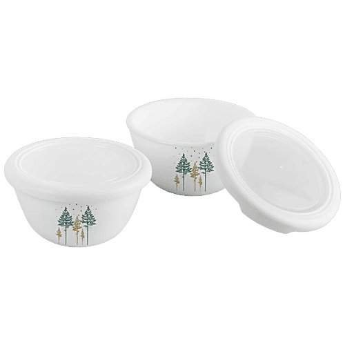 Cello Mixing Bowl Set - With Premium Lid, Opalware, Royal Pine, White, Lightweight, 500 ml (Set of 2) 