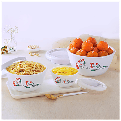 Buy Cello Mixing Bowl Set With Premium Lid, Opalware, Red Blossom