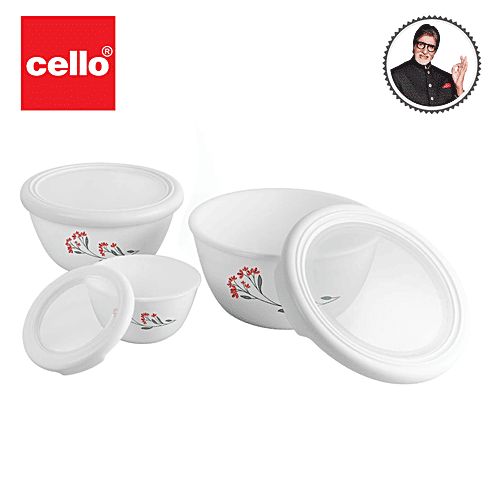 Buy Cello Mixing Bowl Set With Premium Lid, Opalware, Red Blossom