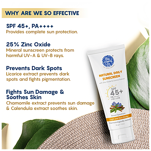 The Moms Co Natural Daily Sunscreen - SPF 45+ PA++++, Light, Non-Sticky, UVA & UVB Protection, 50 g