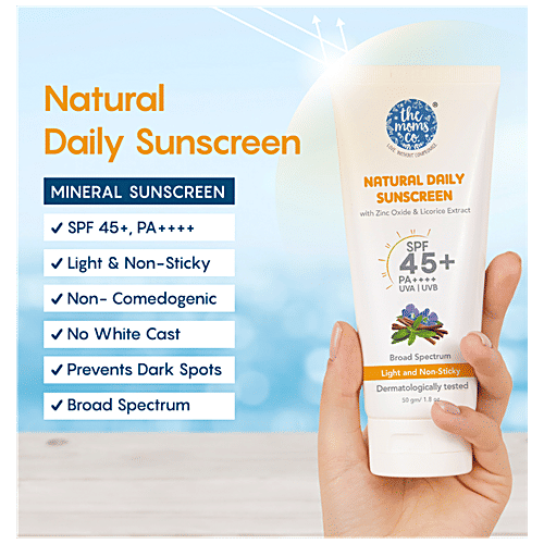 The Moms Co Natural Daily Sunscreen - SPF 45+ PA++++, Light, Non-Sticky, UVA & UVB Protection, 50 g