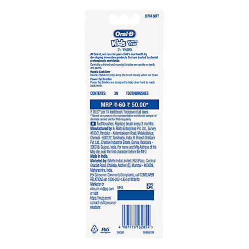 Oral-B Kids Toothbrush - Super Stars, Extra Soft Bristles, Easy To Hold Handle, 2+ Years, 3 pcs  