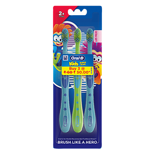 Oral-B Kids Toothbrush - Super Stars, Extra Soft Bristles, Easy To Hold Handle, 2+ Years, 3 pcs  
