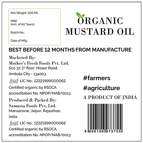 Mothers Fresh Foods Organic Mustard Oil - Rich In Vitamin E, 500 ml