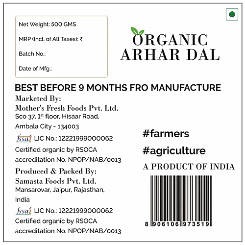 Mothers Fresh Foods Organic Arhar Dal - Protein Rich, 500 g