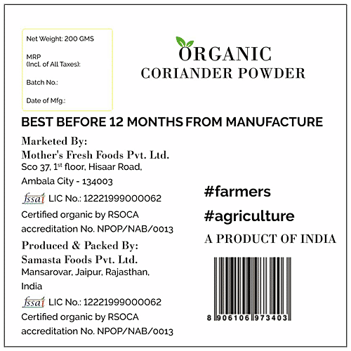 Mothers Fresh Foods Organic Coriander Powder - Adds Rich Flavour, 200 g