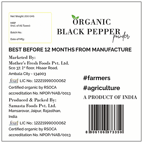 Mothers Fresh Foods Organic Black Pepper Powder - Adds Rich Flavour, 200 g
