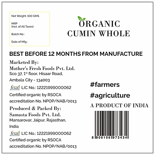 Mothers Fresh Foods Organic Cumin Whole - Adds Rich Flavour, 100 g