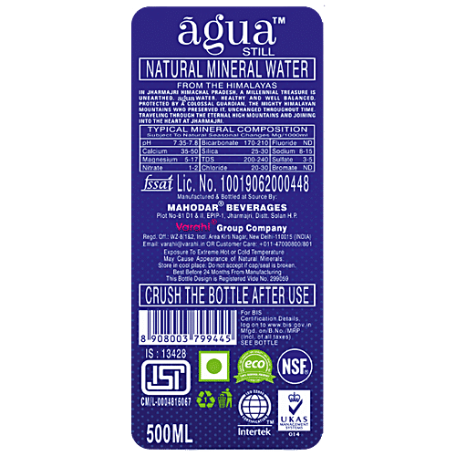 Varahi Agua Still Natural Mineral Water - Helps In Better Digestion, 500 ml