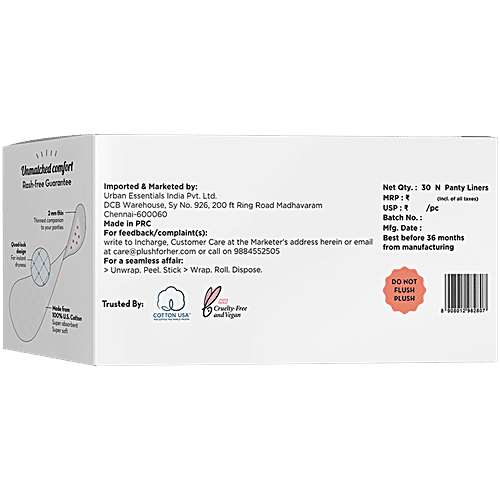 Plush Daily Panty Liners - 100% Pure U.S. Cotton, Provides All Day Freshness, 180 mm, 30 pcs  