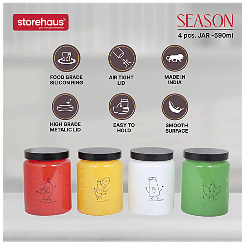 STOREHAUS Season 4 Colour Storage Jar With Metallic Lid - Glass Container, For Home & Kitchen, 590 ml (Set of 4) 