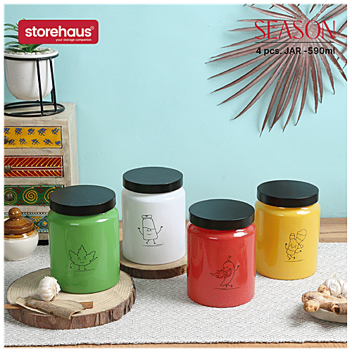 STOREHAUS Season 4 Colour Storage Jar With Metallic Lid - Glass Container, For Home & Kitchen, 590 ml (Set of 4) 