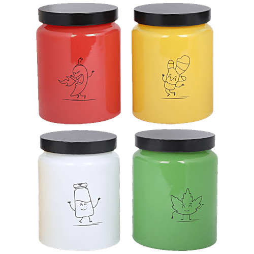 STOREHAUS Season 4 Colour Storage Jar With Metallic Lid - Glass Container, For Home & Kitchen, 590 ml (Set of 4) 